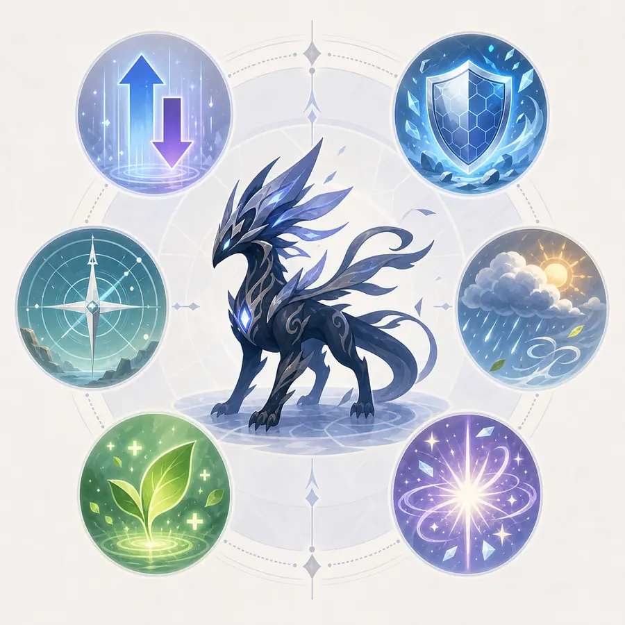 Fan-made conceptual diagram with original creature silhouette surrounded by stat, shield, weather, recovery, status, and field utility symbols