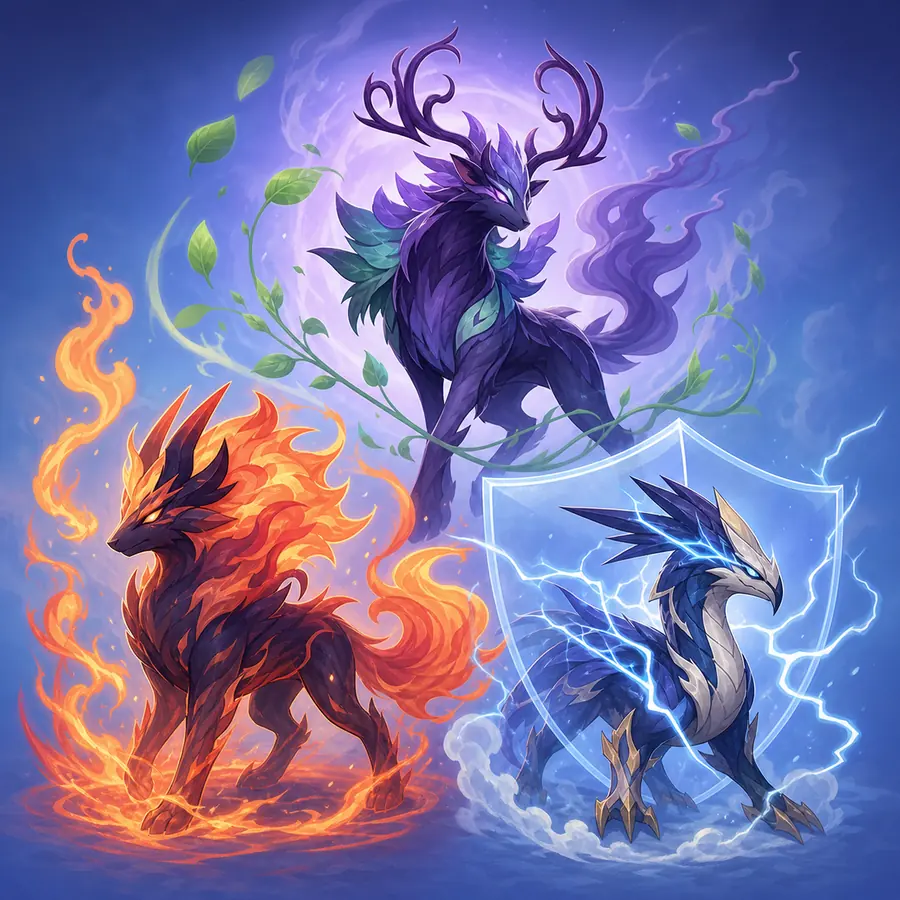 Fan-made conceptual illustration of original creature silhouettes surrounded by flame, leaf, lightning, shield, and aura effects