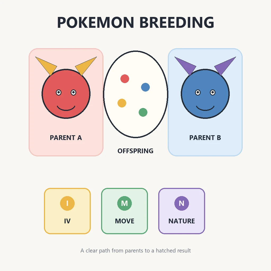 Editorial diagram showing two compatible Pokemon parents, a breeding egg, and inherited traits