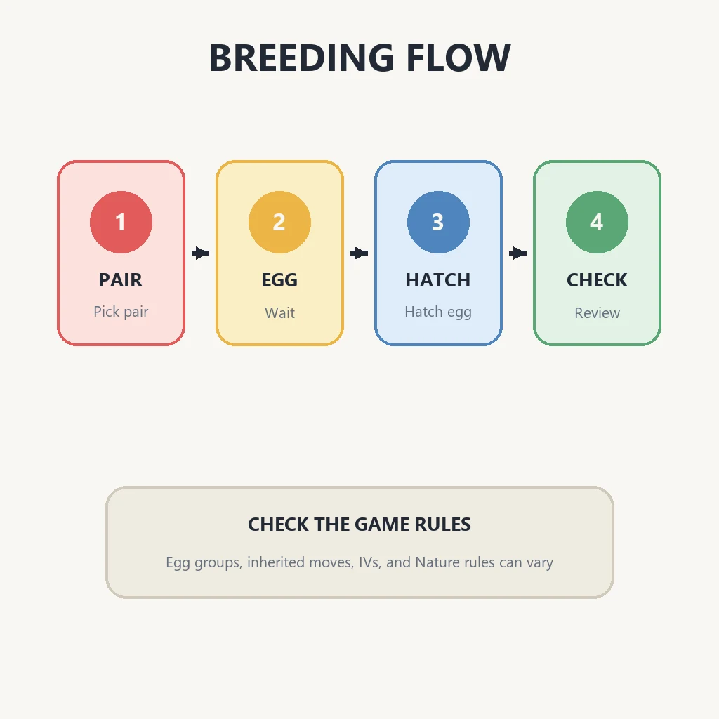 Editorial four-step Pokemon breeding flow from choosing parents to checking the hatched result