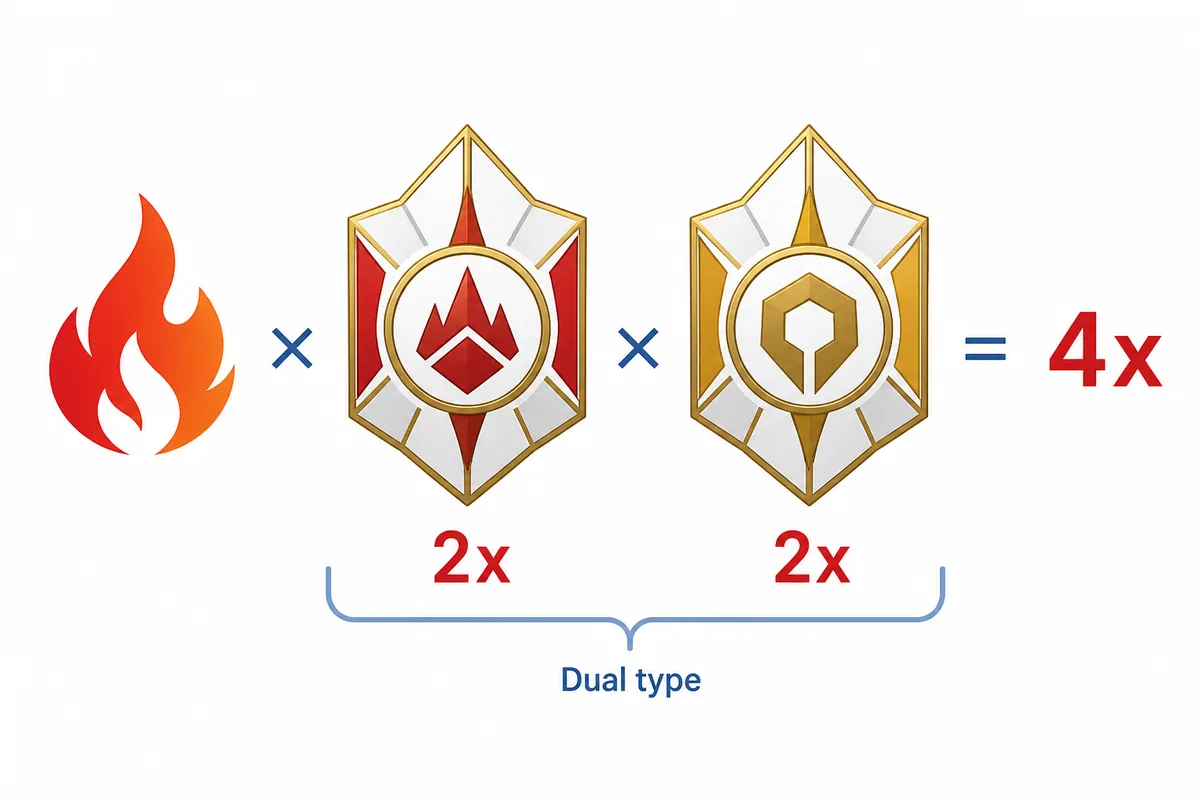 Editorial diagram showing two 2x Pokemon type matchups multiplying to 4x against a dual type