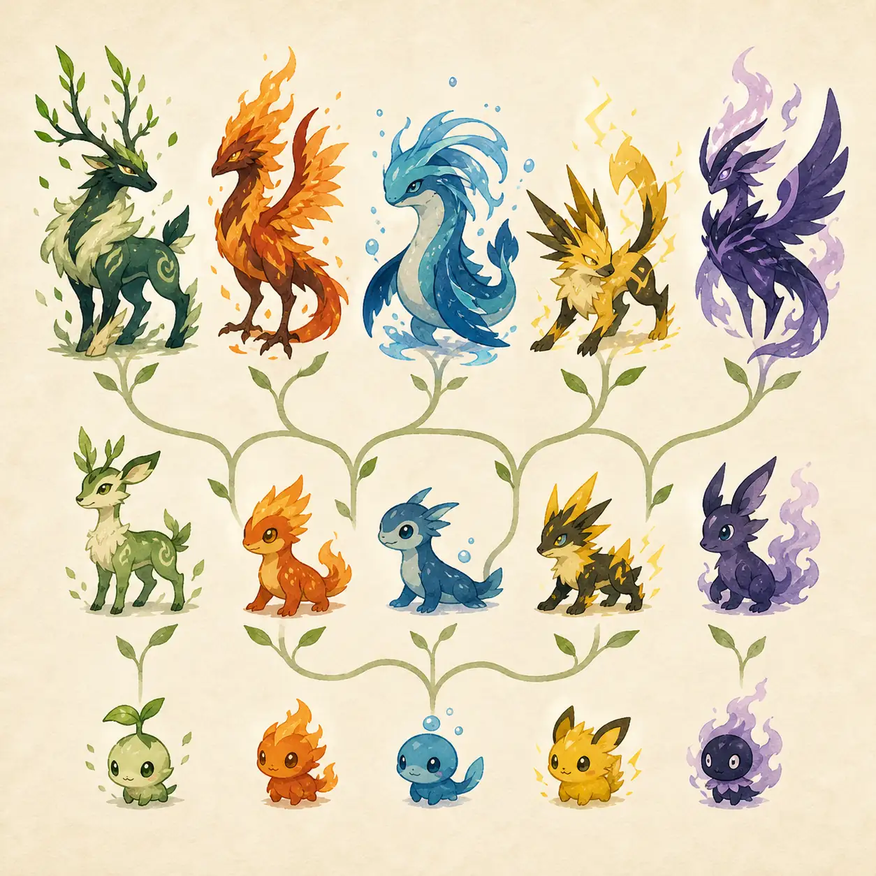 Conceptual editorial illustration of branching creature evolution lines