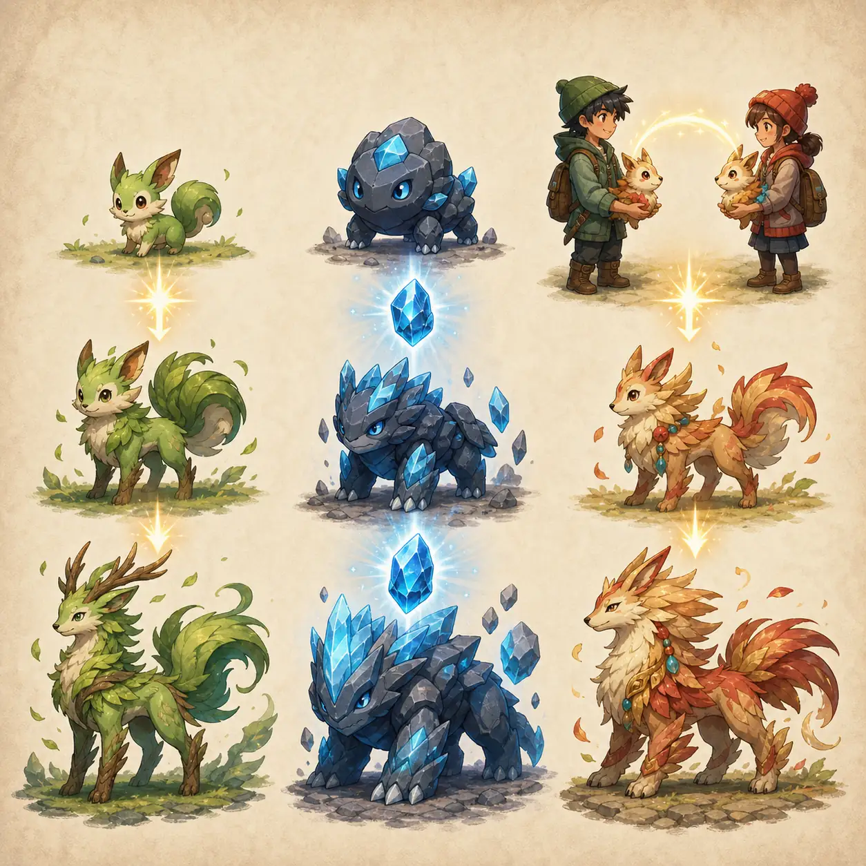 Conceptual illustration of level-up, item, and trade evolution pathways