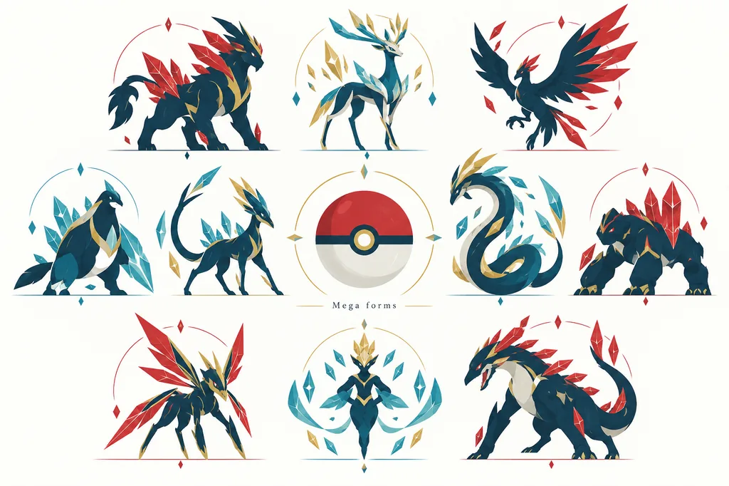 Editorial lineup of colorful Mega form silhouettes arranged around a Pokeball
