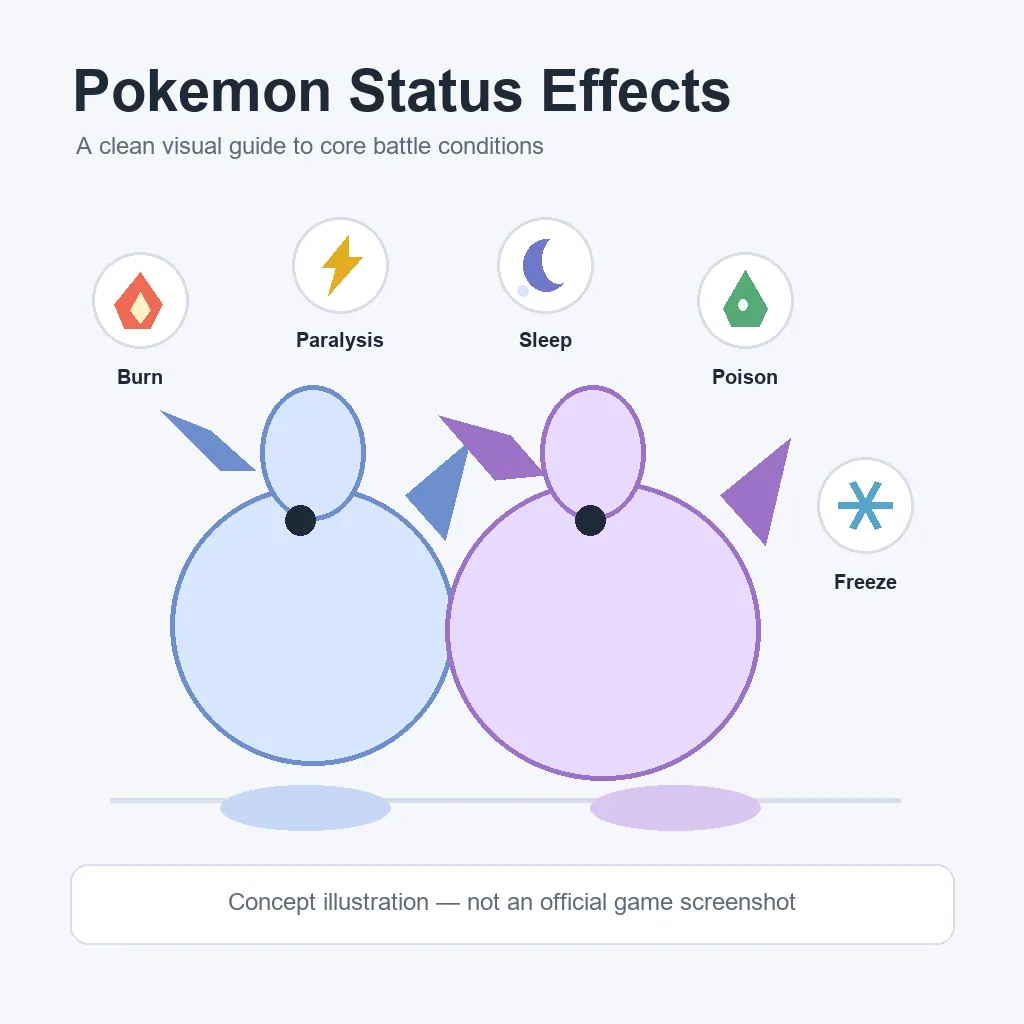 Fan-made editorial illustration of burn, paralysis, sleep, poison, and freeze condition icons around an abstract Pokemon battle