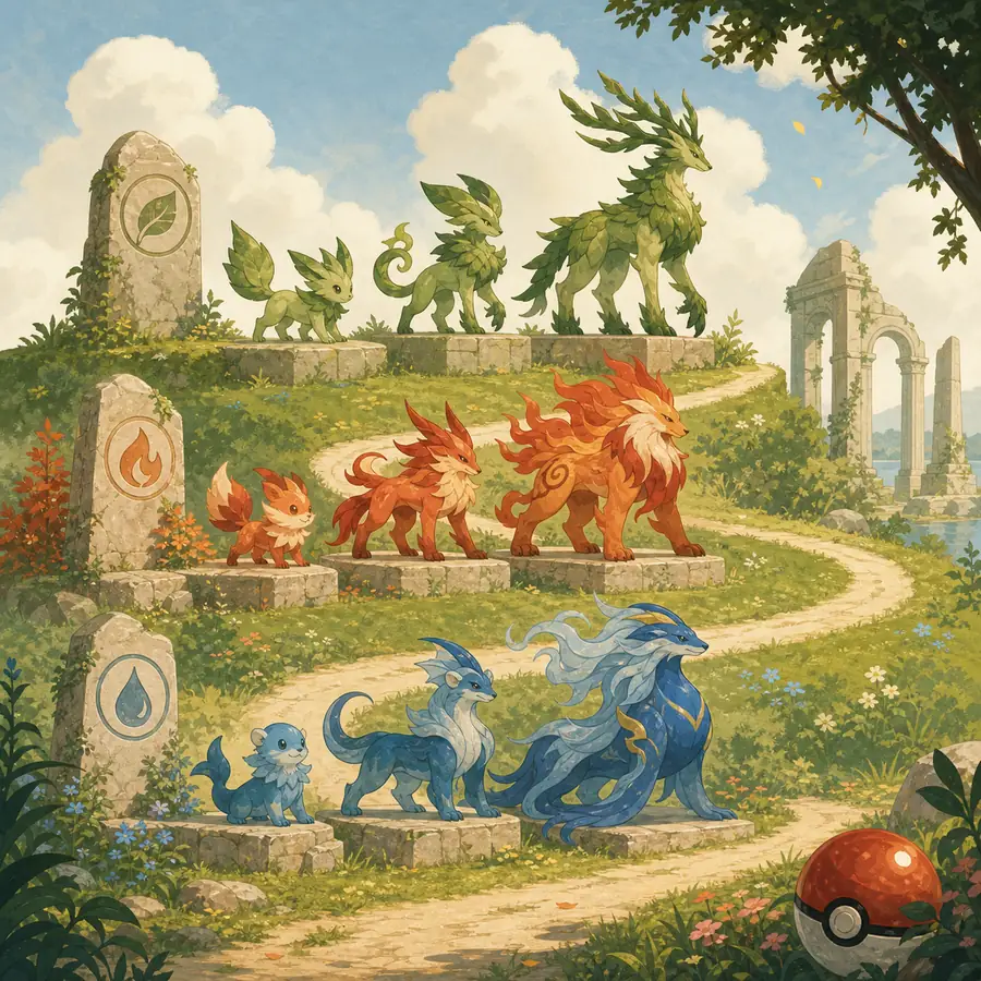 Editorial illustration of colorful original creature evolutions arranged along a Pokemon-inspired generation timeline