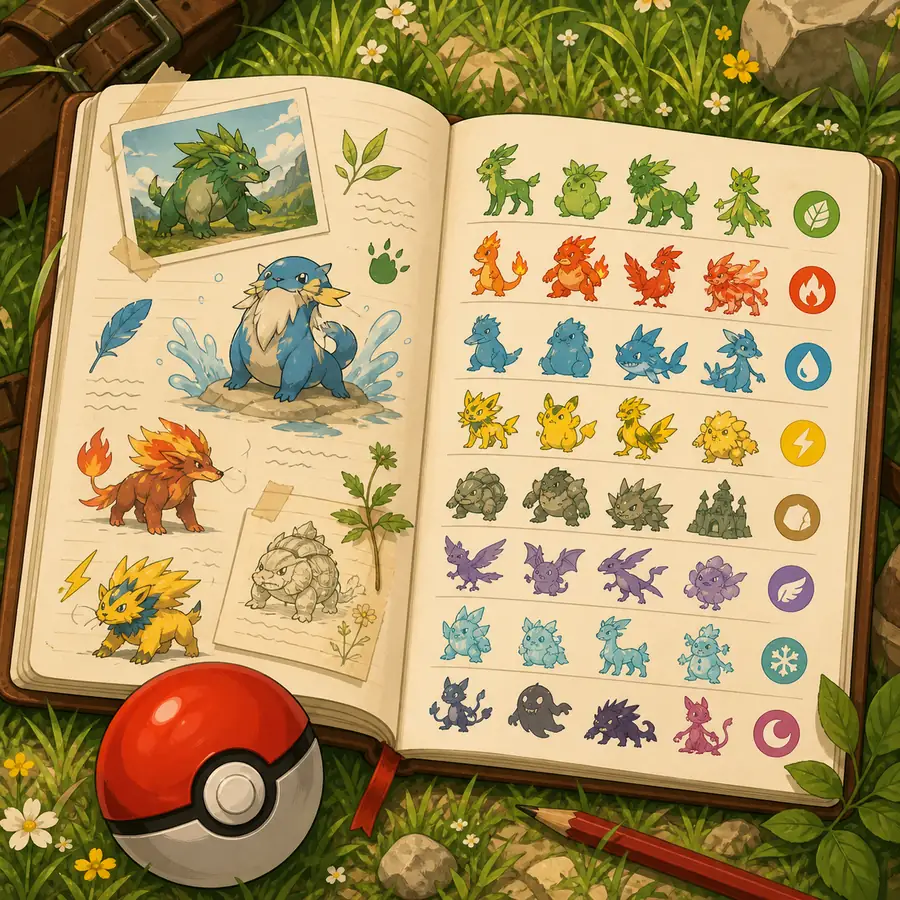 Editorial illustration of a Pokemon trivia notebook with colorful creature silhouettes and type symbols