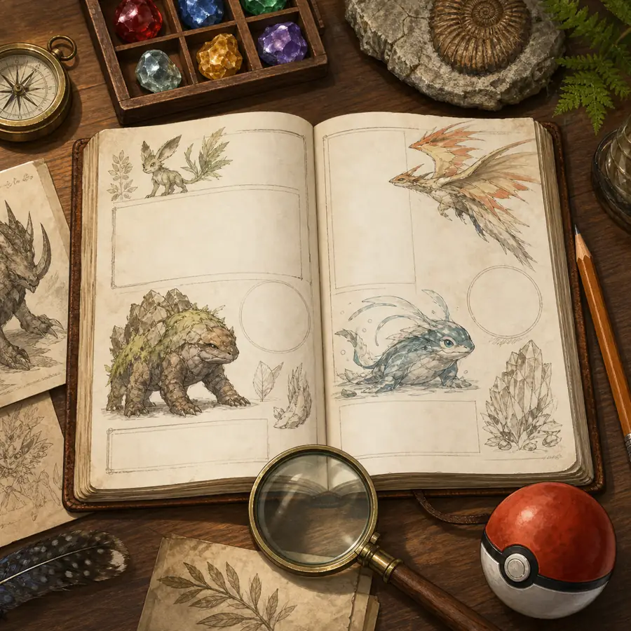 Editorial illustration of a Pokemon field journal, magnifying glass, type stones, and creature sketches for fact checking