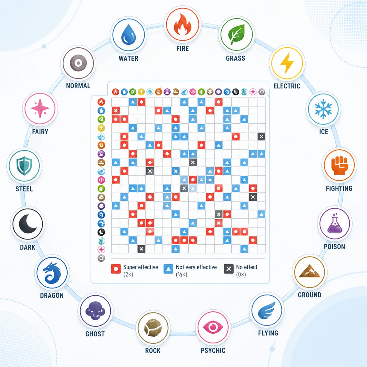 Editorial diagram of the standard 18-type Pokemon effectiveness chart