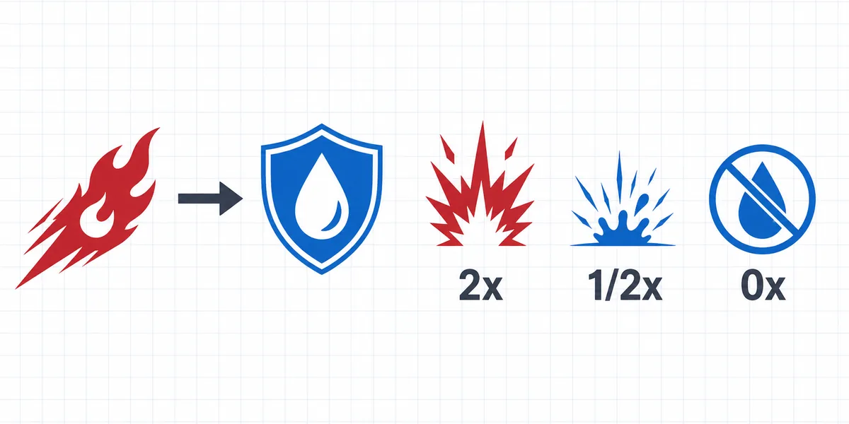 Editorial flow diagram showing 2x, 1/2x, and 0x Pokemon type effectiveness outcomes